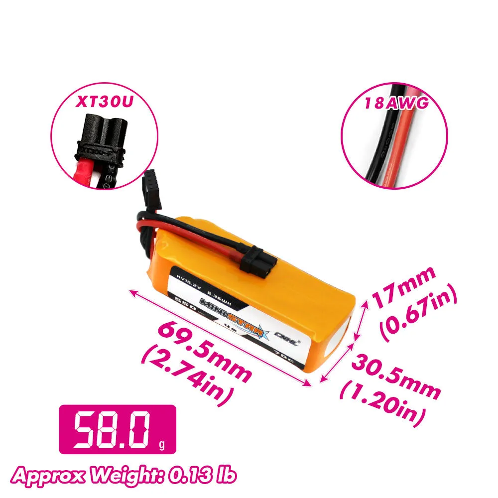 3 Packs CNHL MiniStar HV 550mAh 15.2V 4S 70C Lipo Battery with XT30U