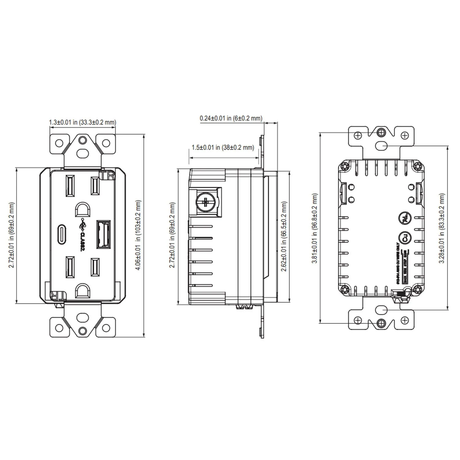 3.6 Amp Dual USB Type-C/Type-A 15 Amp Tamper-Resistant Duplex Receptacle White