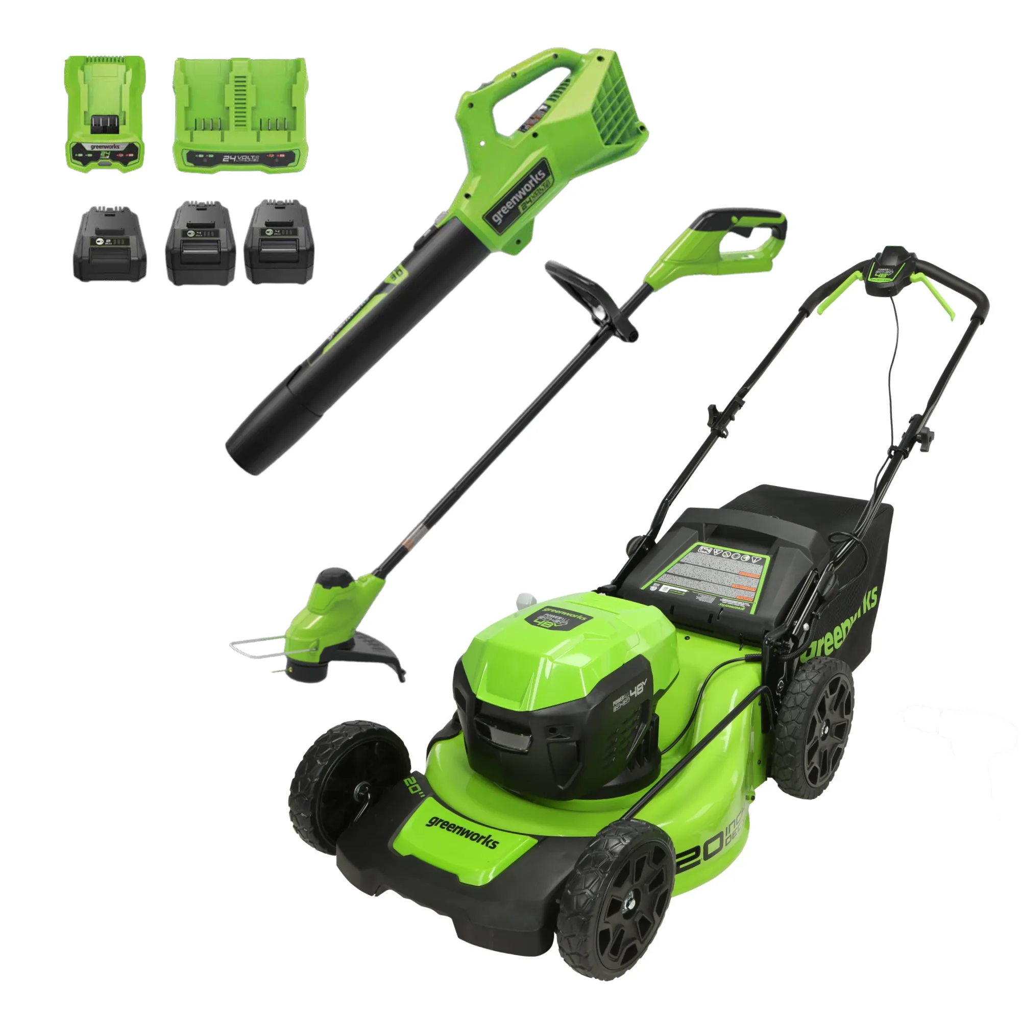 48V (2x24V) 20" Cordless Battery Push Mower 3PC Combo Kit w/ (2) 4.0Ah USB Batteries,(1) 2.0Ah Battery,(1) Dual Port Rapid Charger & (1) Charger