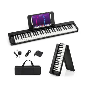 61-Key Folding Piano Keyboard with Full Size Keys and Music Stand-Black