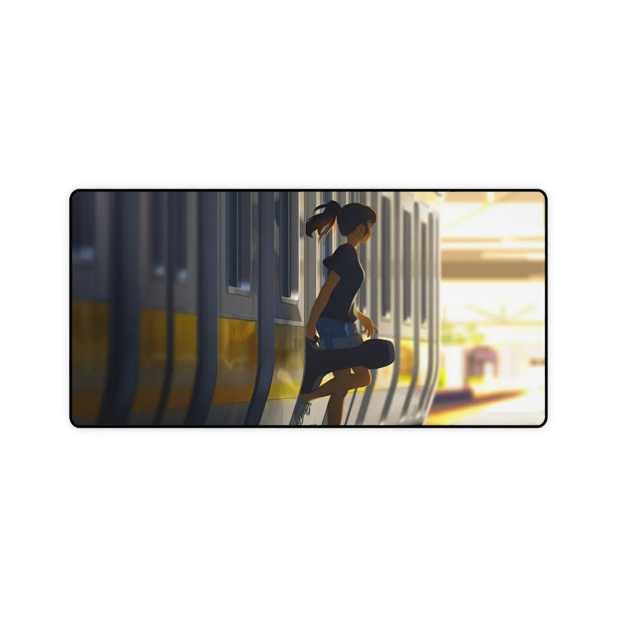 A Girl Exiting A Train With A Guitar Mouse Pad (Desk Mat)