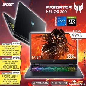 Acer Predator Helios 300 PH317-56-70XJ Core i7-12700h Rtx 3060 144hz 17.3" Gaming Laptops (New OB)