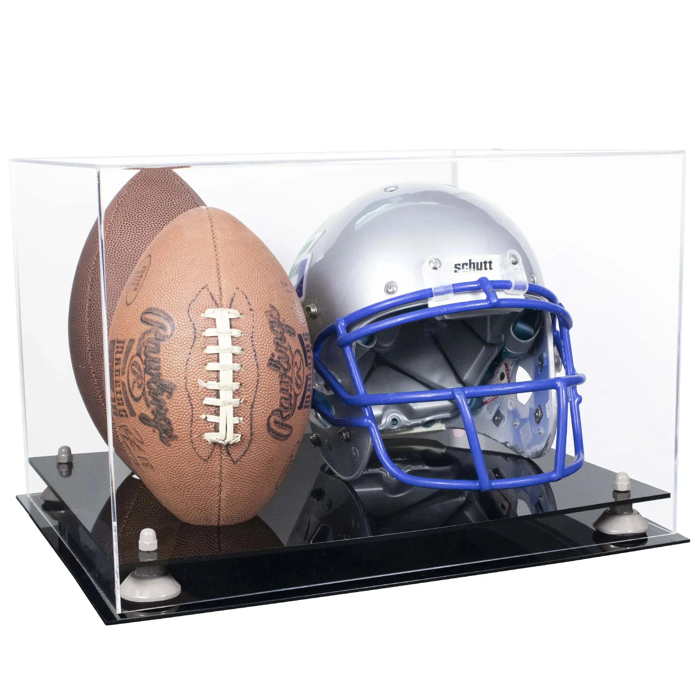 Acrylic Double Football and Helmet Display Case with Mirror Case, Risers and Base (A014/B60)