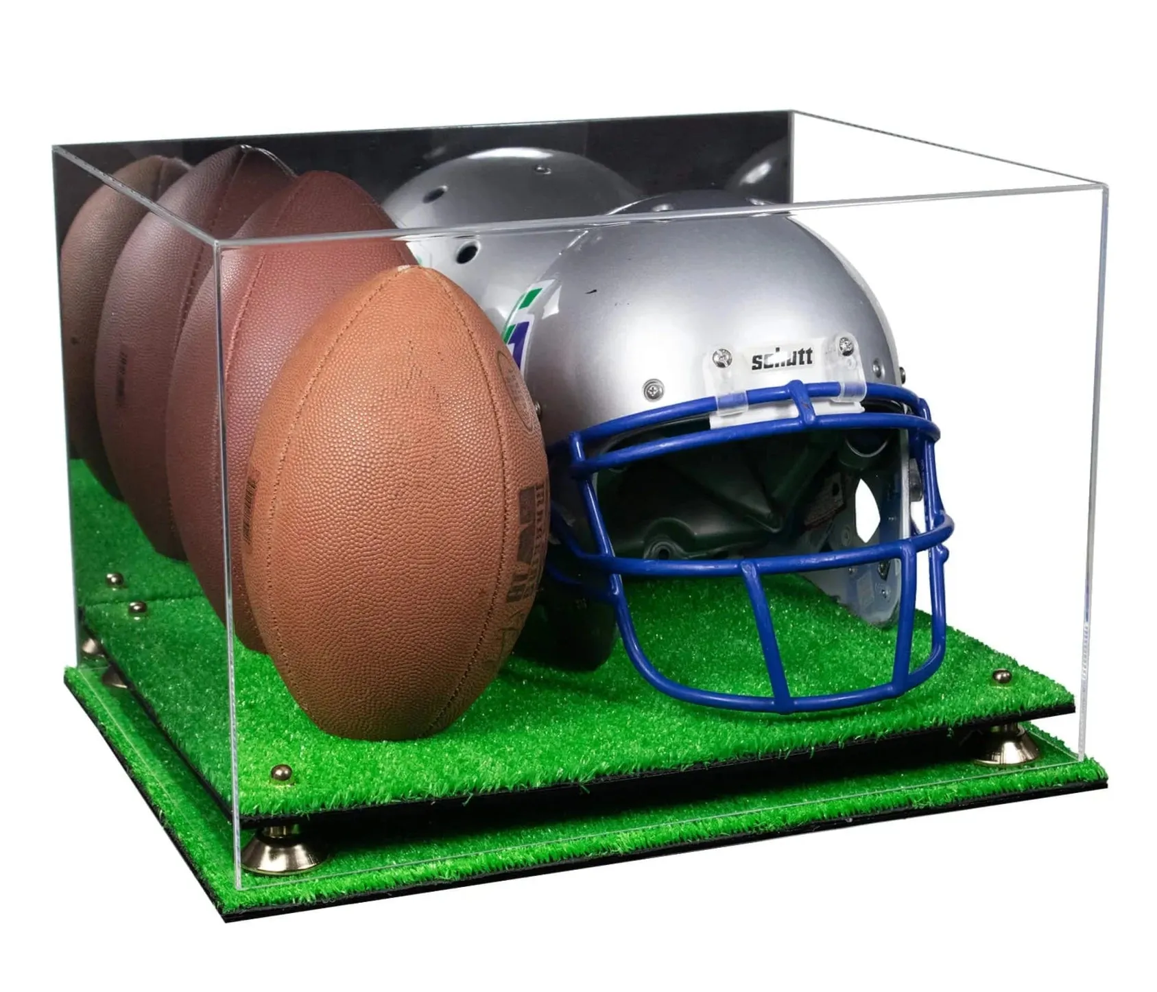 Acrylic Double Football and Helmet Display Case with Mirror Case, Risers and Base (A014/B60)