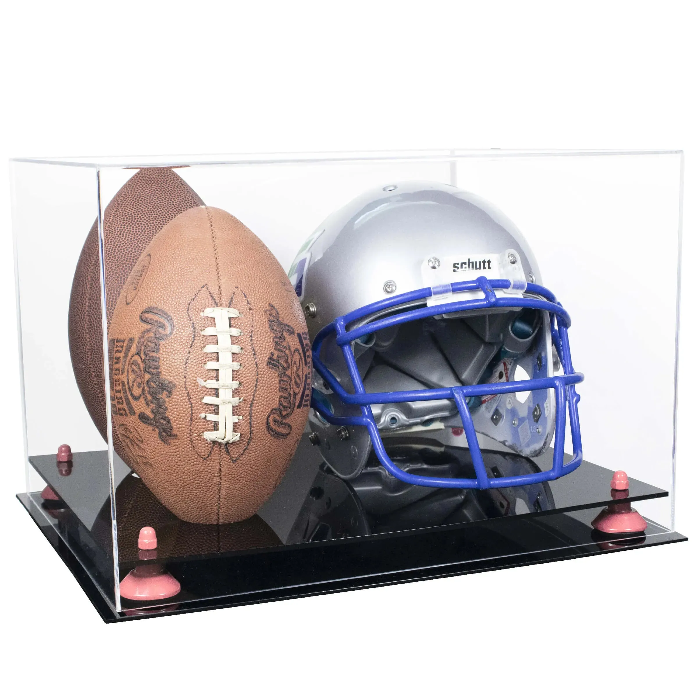 Acrylic Double Football and Helmet Display Case with Mirror Case, Risers and Base (A014/B60)