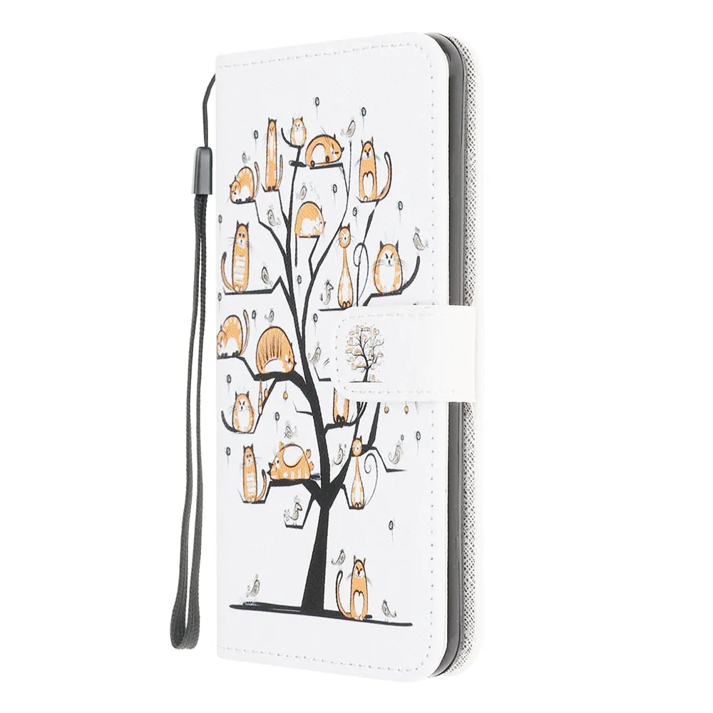 Anymob iPhone Case White Tree Cat Leather Flip Wallet Cartoon Stand Phone Cases Cover