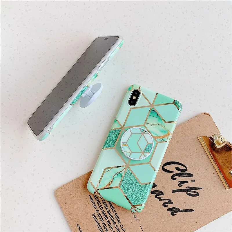 Anymob iPhone Green Marble Case Splice Plating Silicon Phone Holder Stand Cover