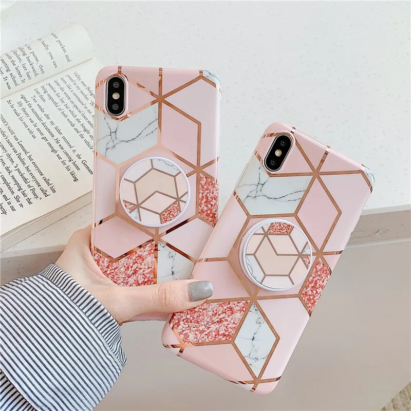 Anymob iPhone Green Marble Case Splice Plating Silicon Phone Holder Stand Cover