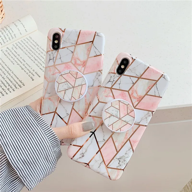 Anymob iPhone Green Marble Case Splice Plating Silicon Phone Holder Stand Cover