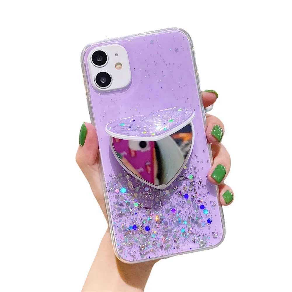 Anymob iPhone Violet Sequins Glitter Case Love Heart Mirror Holder Stand Cover