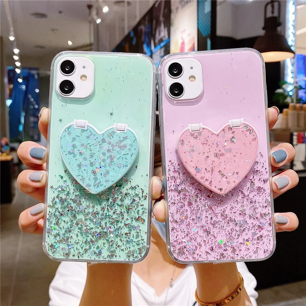 Anymob iPhone Violet Sequins Glitter Case Love Heart Mirror Holder Stand Cover