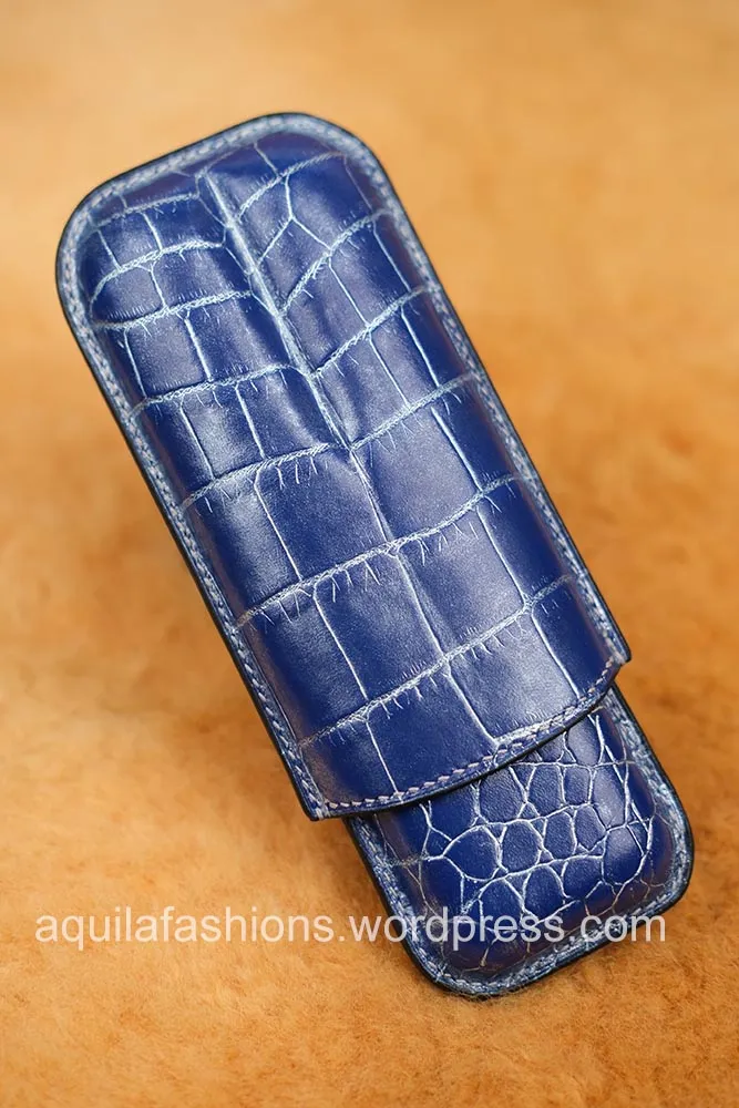 Aquila blue silver rub off crocodile leather cigar case