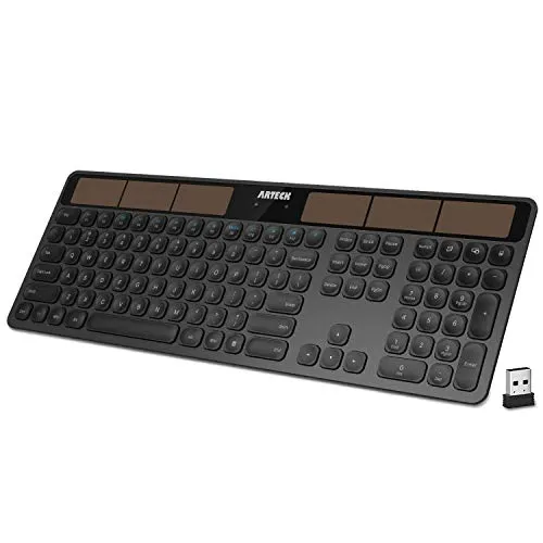 Arteck Wireless Solar Keyboard Full Size Solar Recharging Keyboard for Computer/Desktop/PC/Laptop/Surface/Smart TV and Windows 10/8 / 7 / Vista/XP Built in Rechargeable Battery