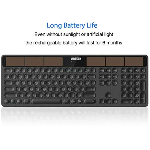 Arteck Wireless Solar Keyboard Full Size Solar Recharging Keyboard for Computer/Desktop/PC/Laptop/Surface/Smart TV and Windows 10/8 / 7 / Vista/XP Built in Rechargeable Battery