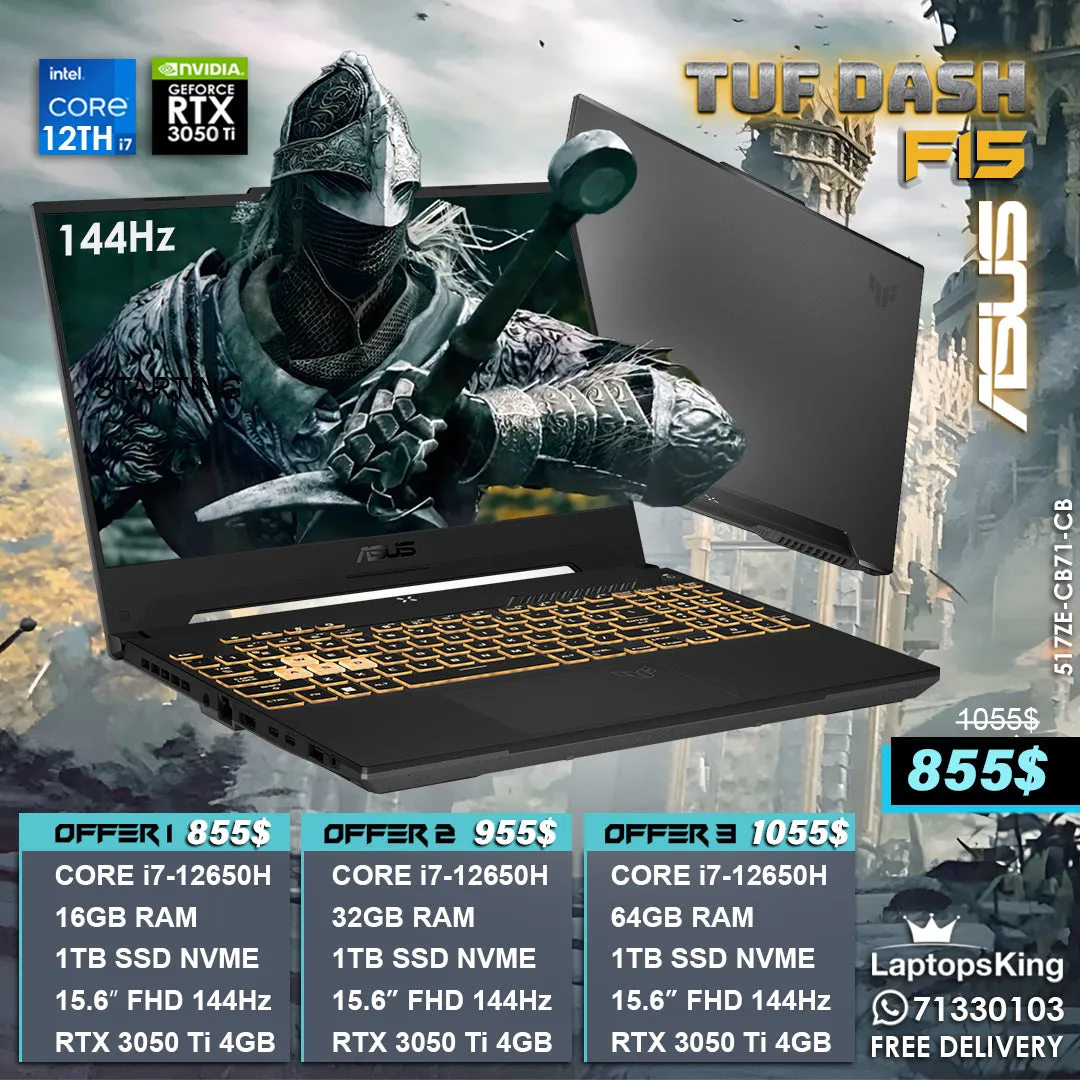 Asus TUF Dash F15 517ZE-CB71-CB Core i7-12650H RTX 3050 Ti 15.6" 144Hz Military Grade Gaming Laptops (New OB)