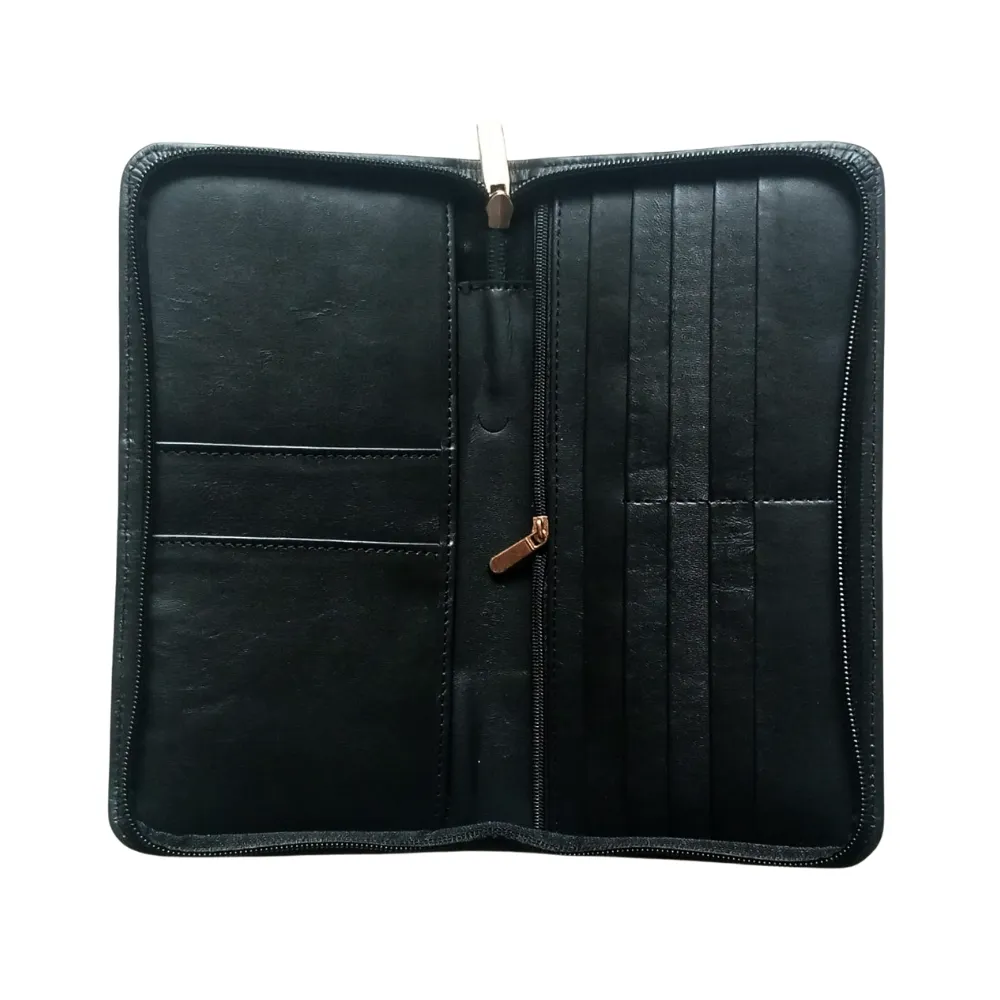 Black Leather Zipper Folder Wallet