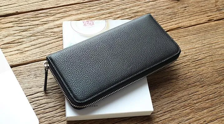 Black Mens Leather Zipper Long Wallet Phone Long Bifold Wallet for Men