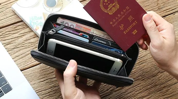 Black Mens Leather Zipper Long Wallet Phone Long Bifold Wallet for Men