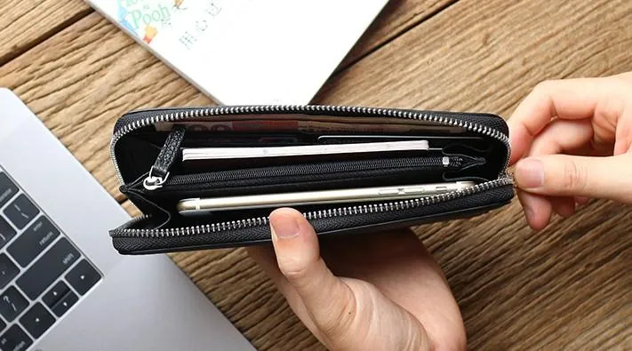 Black Mens Leather Zipper Long Wallet Phone Long Bifold Wallet for Men