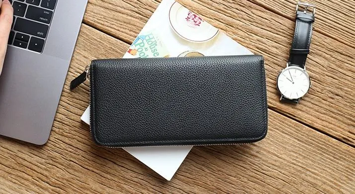 Black Mens Leather Zipper Long Wallet Phone Long Bifold Wallet for Men