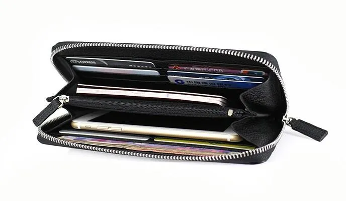 Black Mens Leather Zipper Long Wallet Phone Long Bifold Wallet for Men