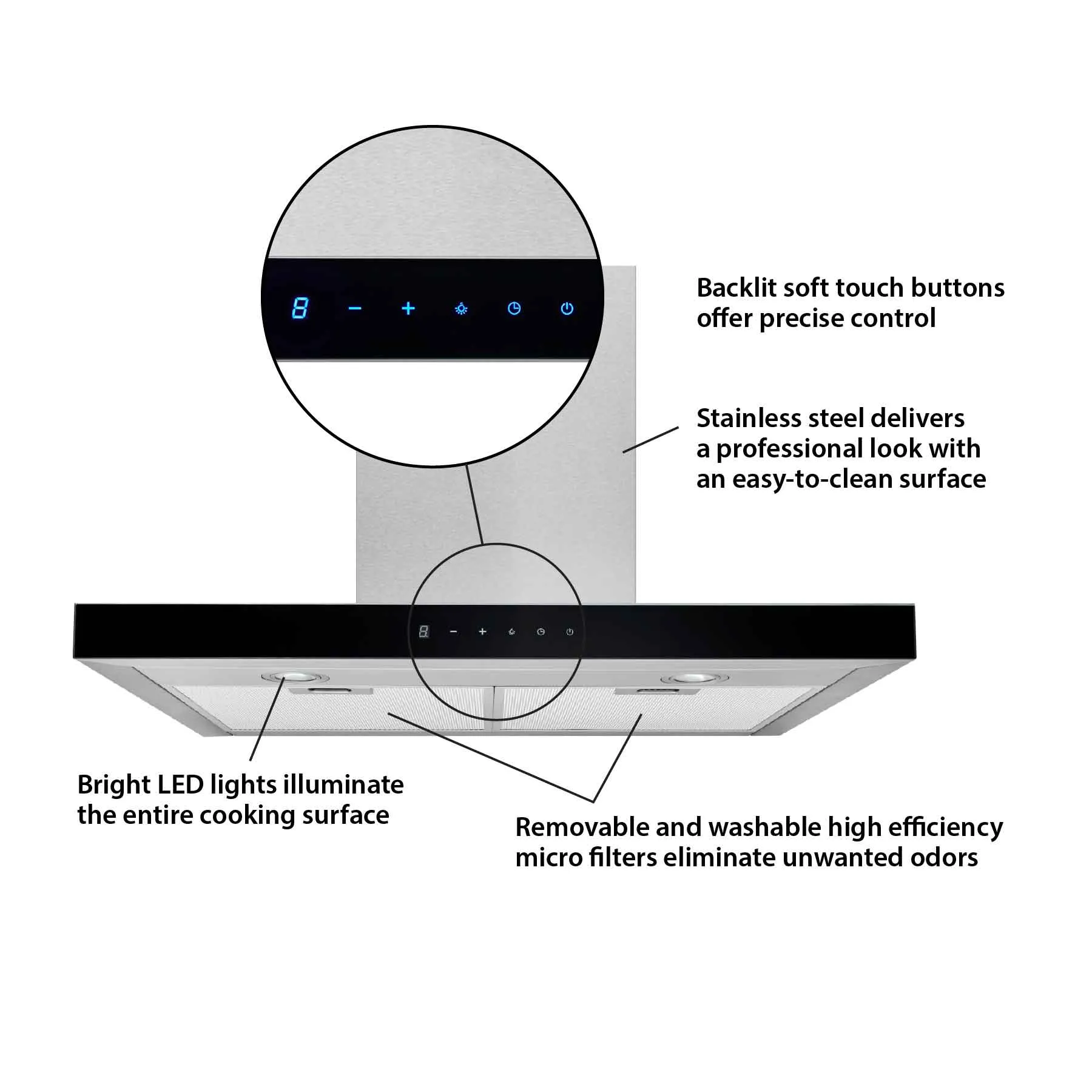 Broan Stainless Steel WITH Black Glass Panel 30" 450 CFM Designer Chimney Range Hood - BWT1304SSB