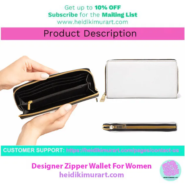 Buffalo Plaid White Zipper Wallet, Long Compact 7.87" x 4.33" Cruelty-Free Faux Leather Wallet with High Quality Nylon Zip & Metal Hardware