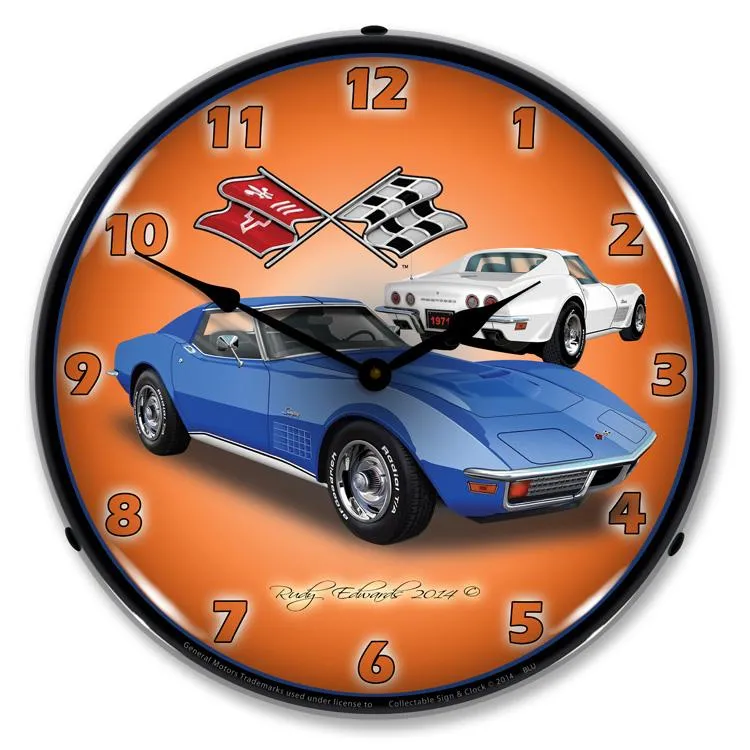 Collectable Sign and Clock - 1971 Corvette Stingray  Blue Clock