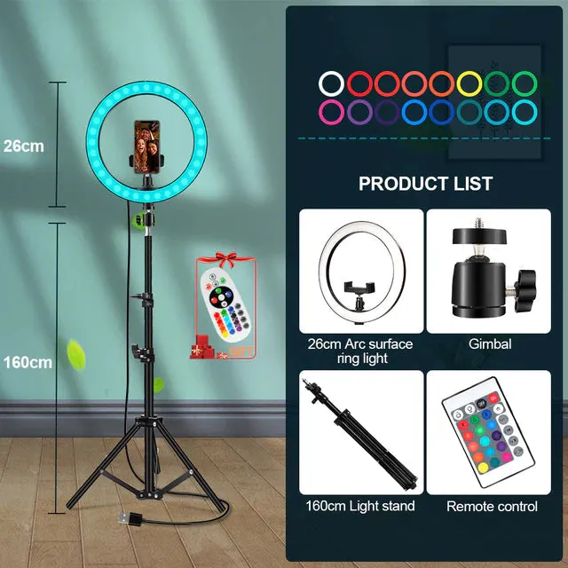 Colorful LED Ring Light with Tripod Stand and Phone Clip