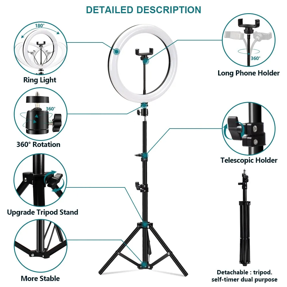 Colorful LED Ring Light with Tripod Stand and Phone Clip