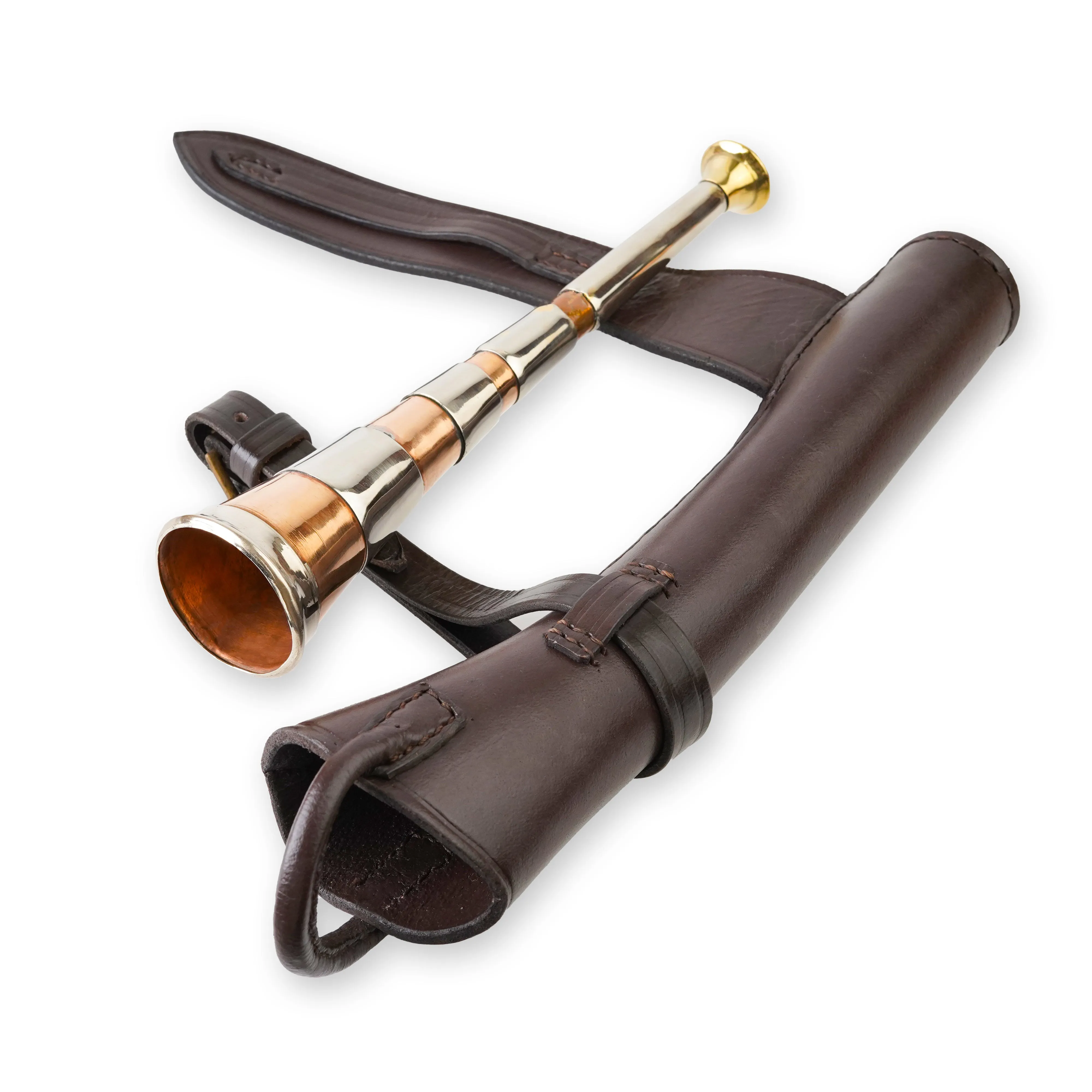 Copper Fox Hunting Horn with Brass Mouthpiece and Red Leather Case