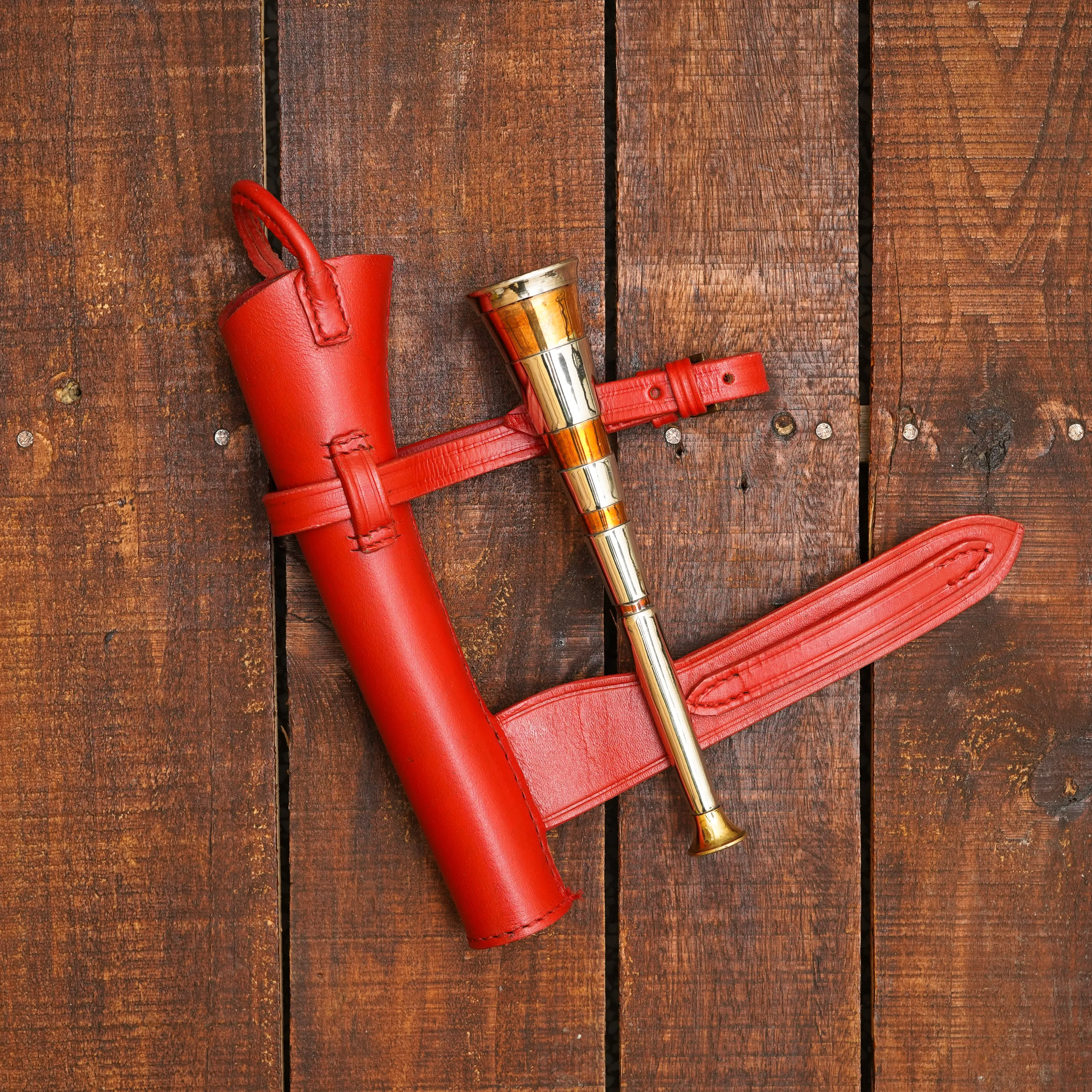 Copper Fox Hunting Horn with Brass Mouthpiece and Red Leather Case