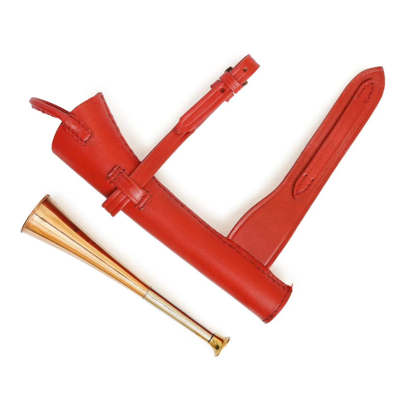 Copper Fox Hunting Horn with Brass Mouthpiece and Red Leather Case