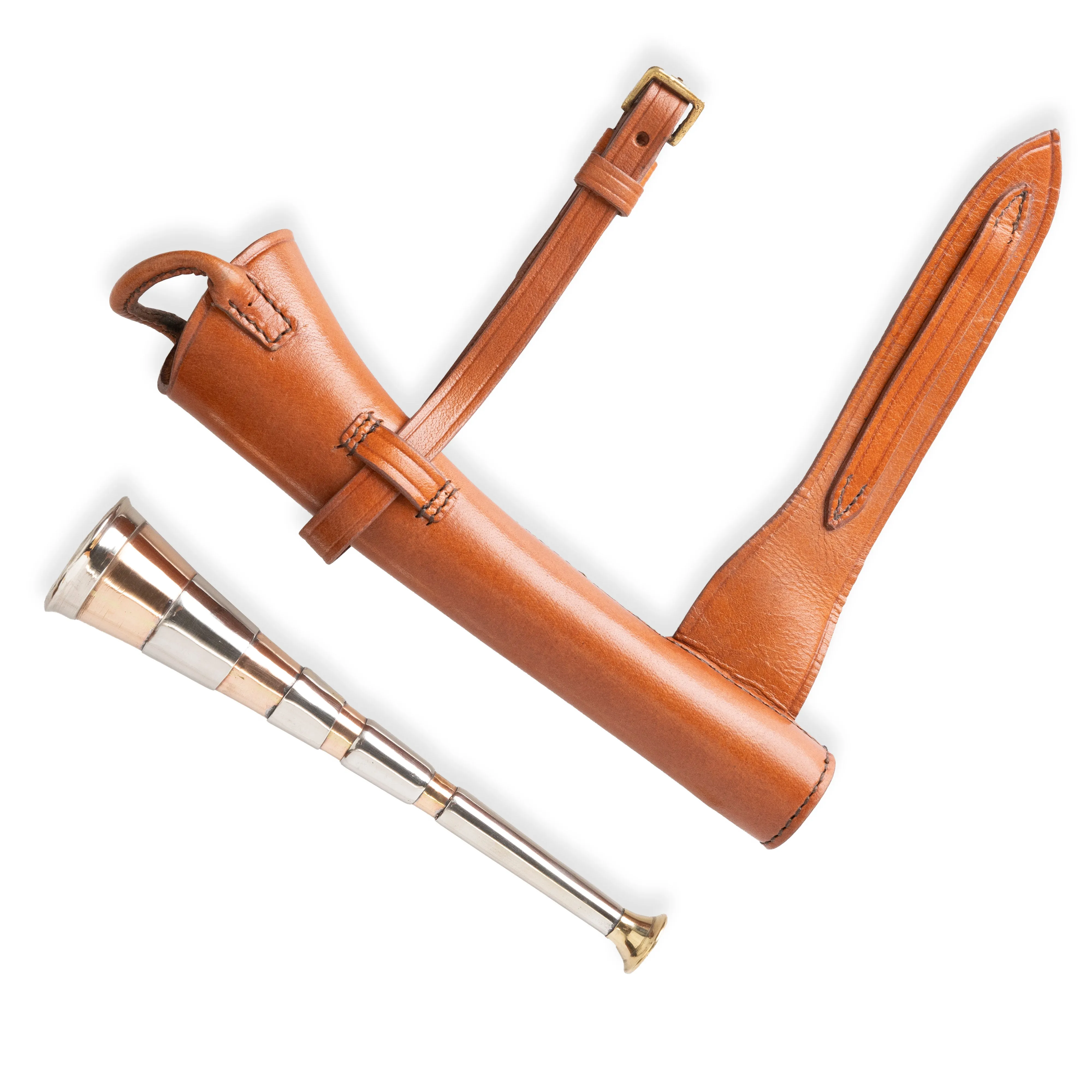 Copper Fox Hunting Horn with Brass Mouthpiece and Red Leather Case