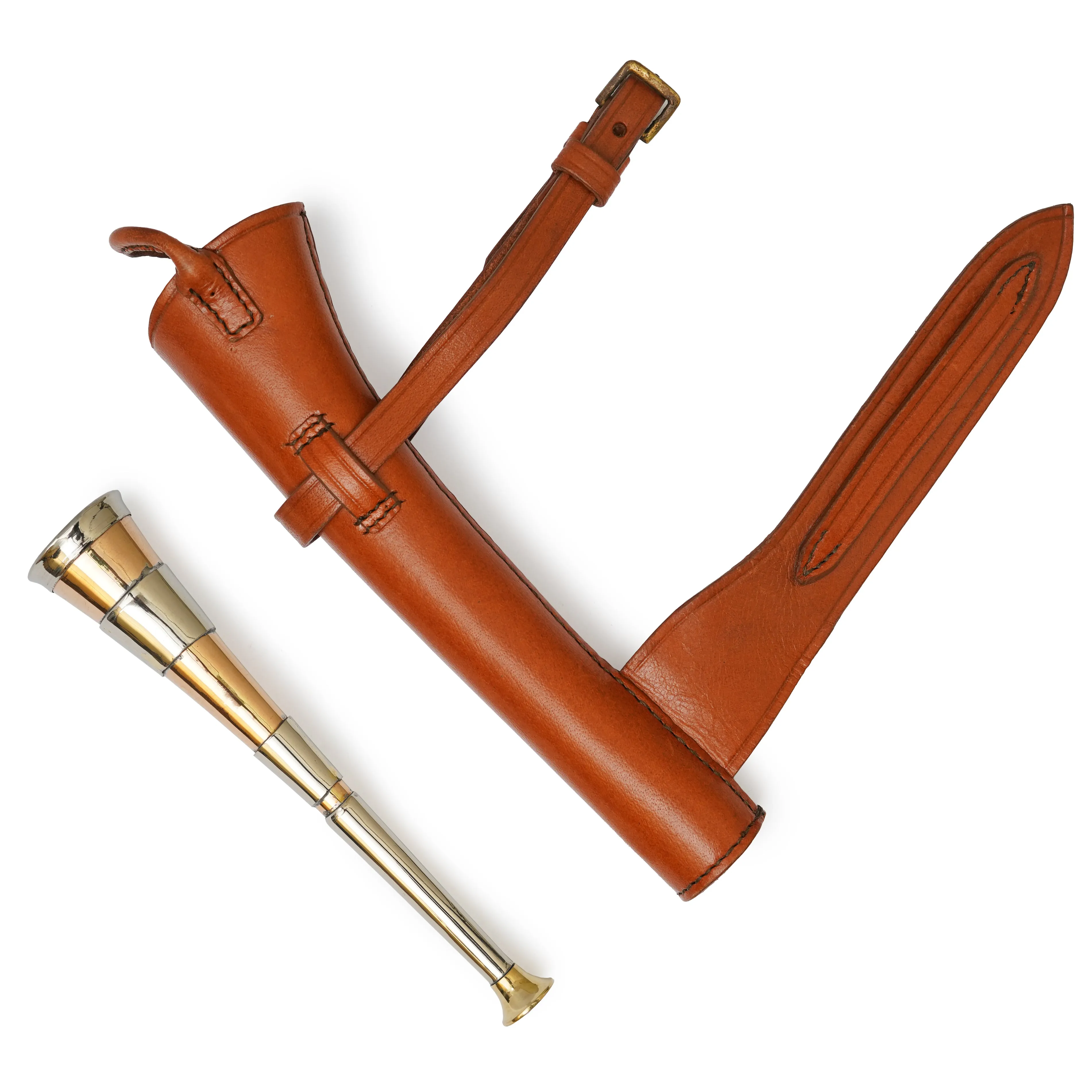 Copper Fox Hunting Horn with Brass Mouthpiece and Red Leather Case