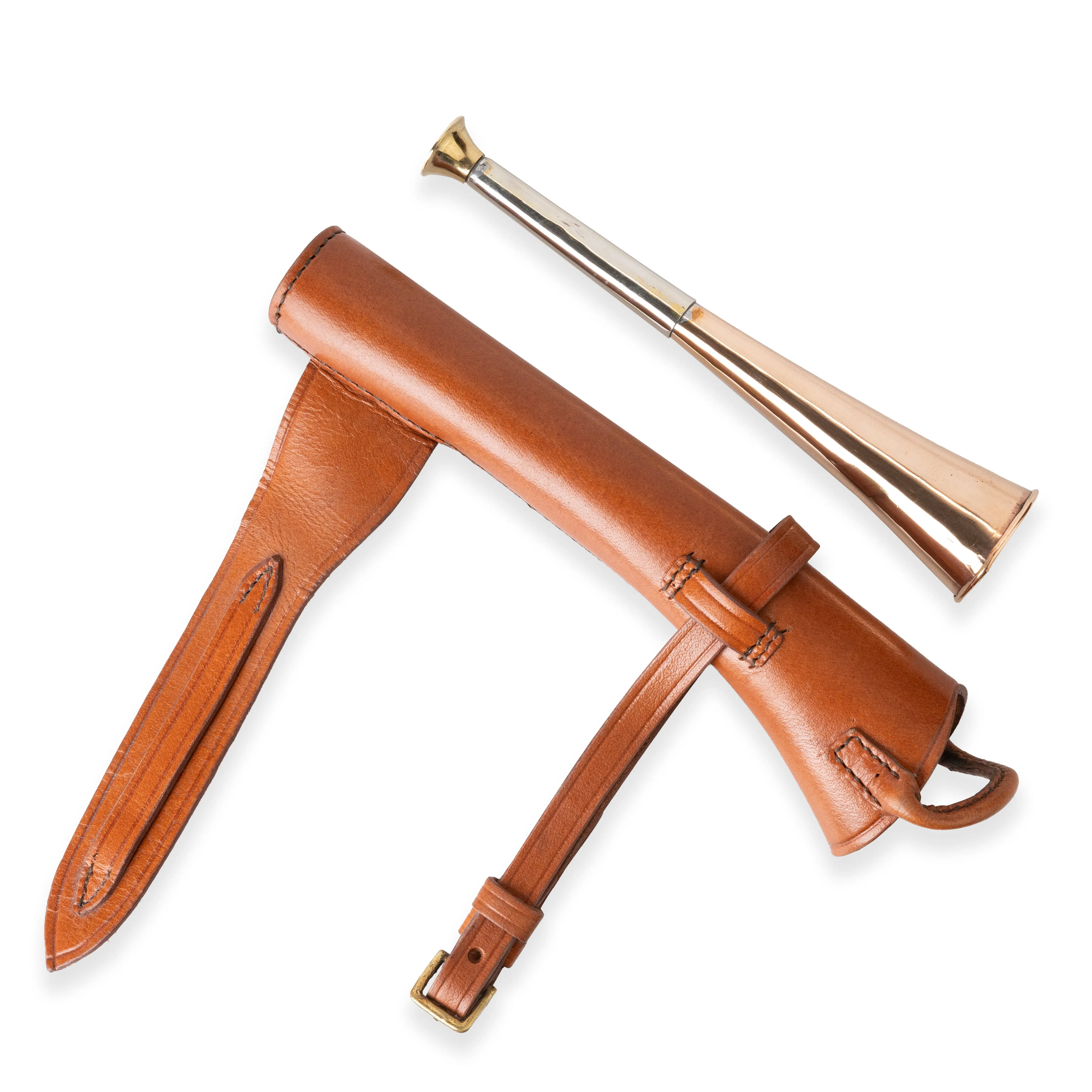 Copper Fox Hunting Horn with Brass Mouthpiece and Red Leather Case