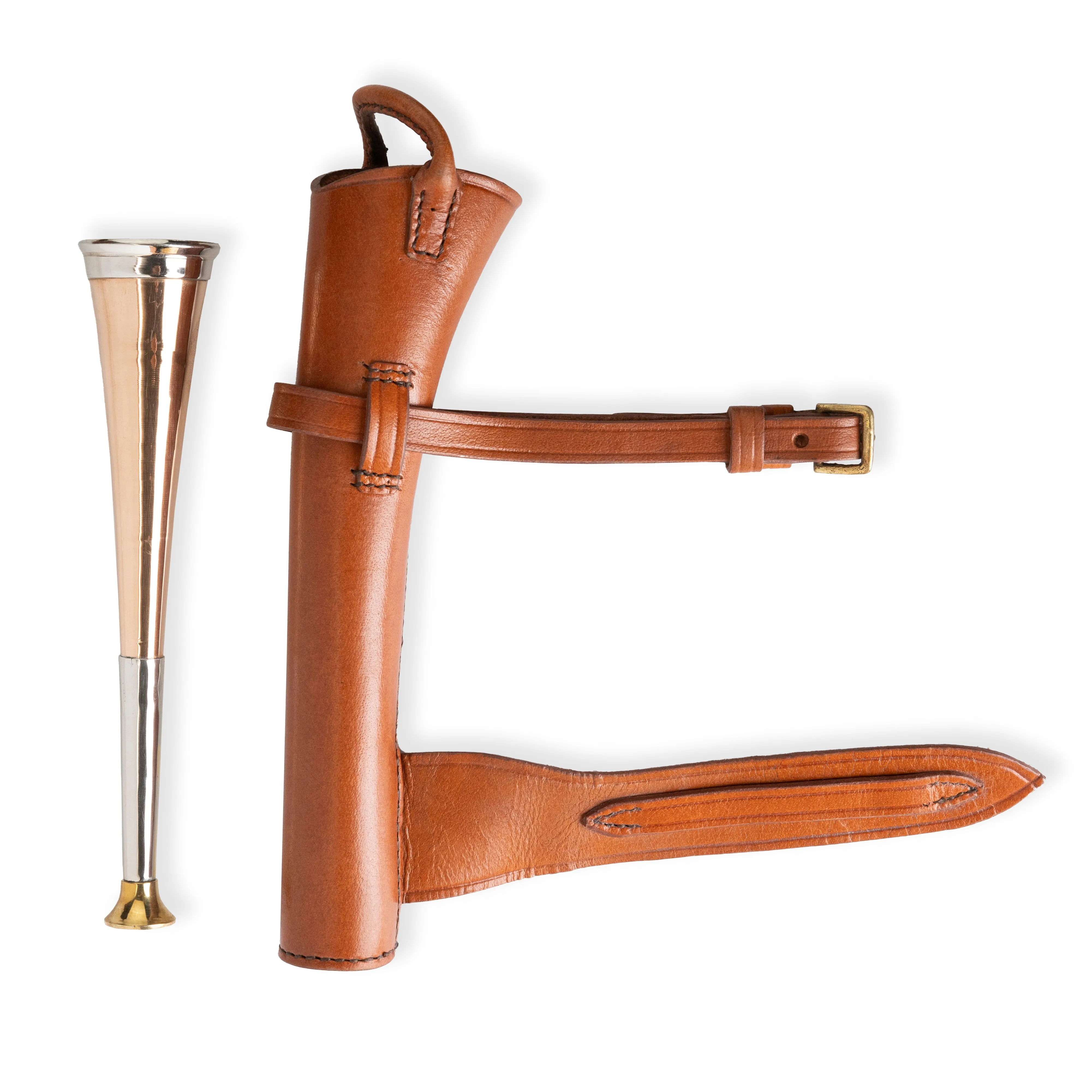 Copper Fox Hunting Horn with Brass Mouthpiece and Red Leather Case