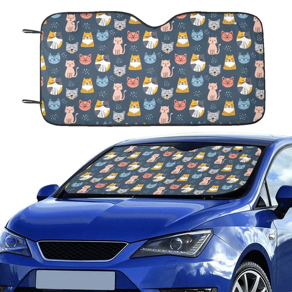 Cute Cats Print Windshield Sun Shade, Blue Pet Pattern Car Accessories Auto Cover Protector Window Visor Women Screen Decor 55" x 29.53"