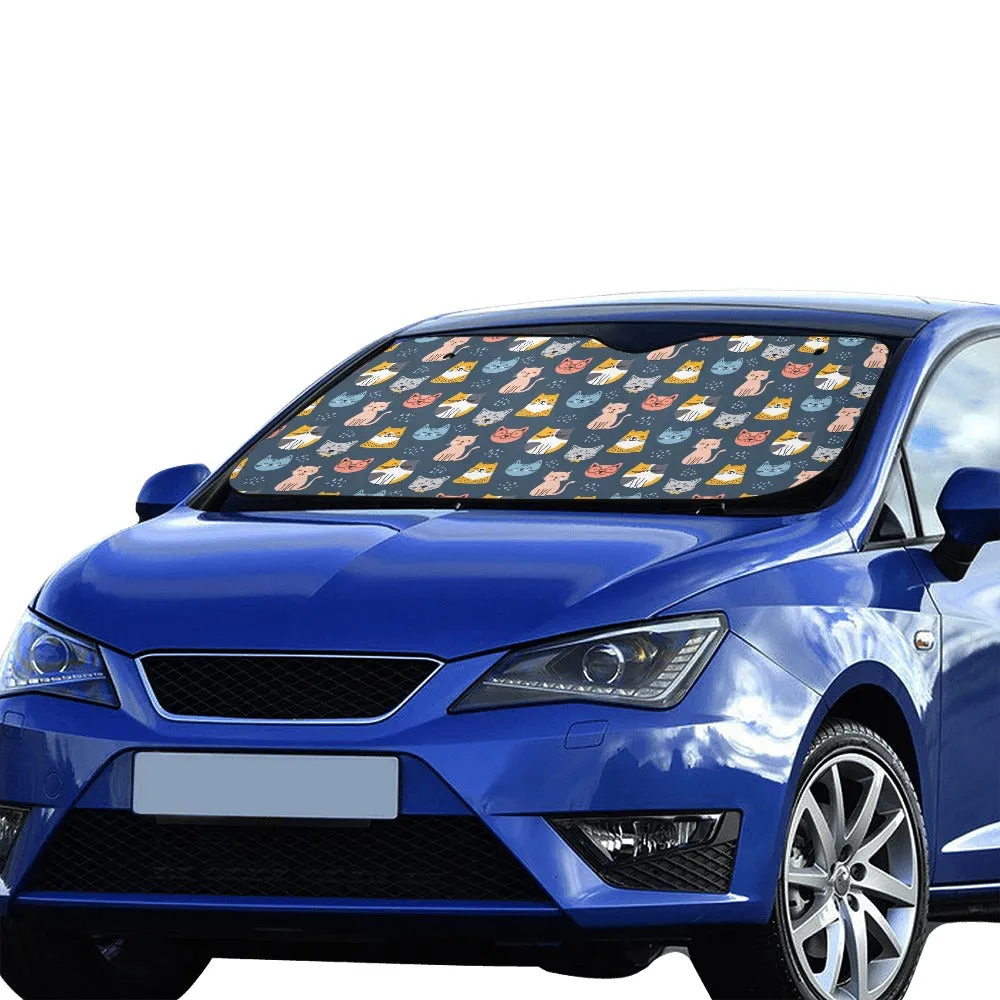 Cute Cats Print Windshield Sun Shade, Blue Pet Pattern Car Accessories Auto Cover Protector Window Visor Women Screen Decor 55" x 29.53"