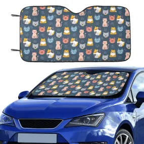 Cute Cats Print Windshield Sun Shade, Blue Pet Pattern Car Accessories Auto Cover Protector Window Visor Women Screen Decor 55" x 29.53"