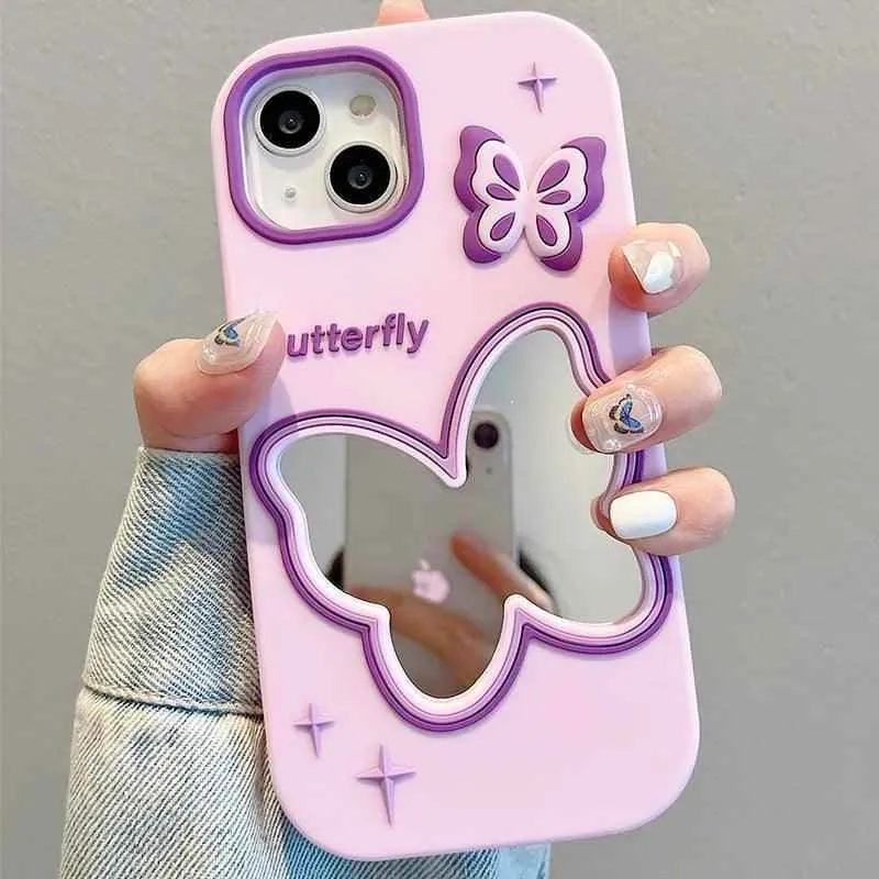 Cute Phone Cases For iPhone 11, 12, 13, 14, or 15 Pro Max - Purple Butterfly Makeup Mirror - Soft Cover - TSP254