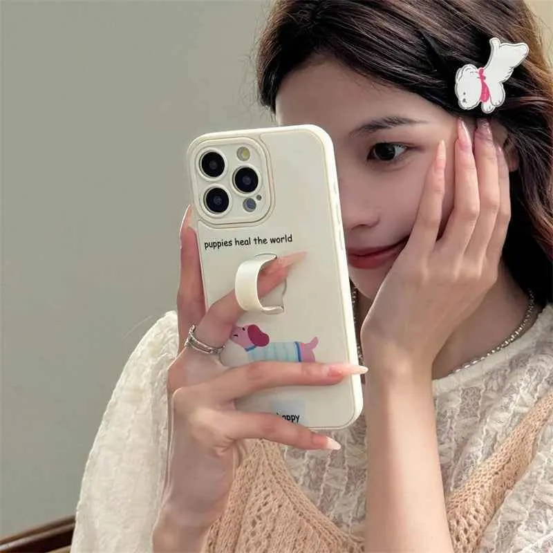 Cute Phone Cases for iPhone 15, 14, 13, 11, or 12 Pro Max - Cartoon Puppy Dog & Cat with Hidden Ring Holder - TSP221