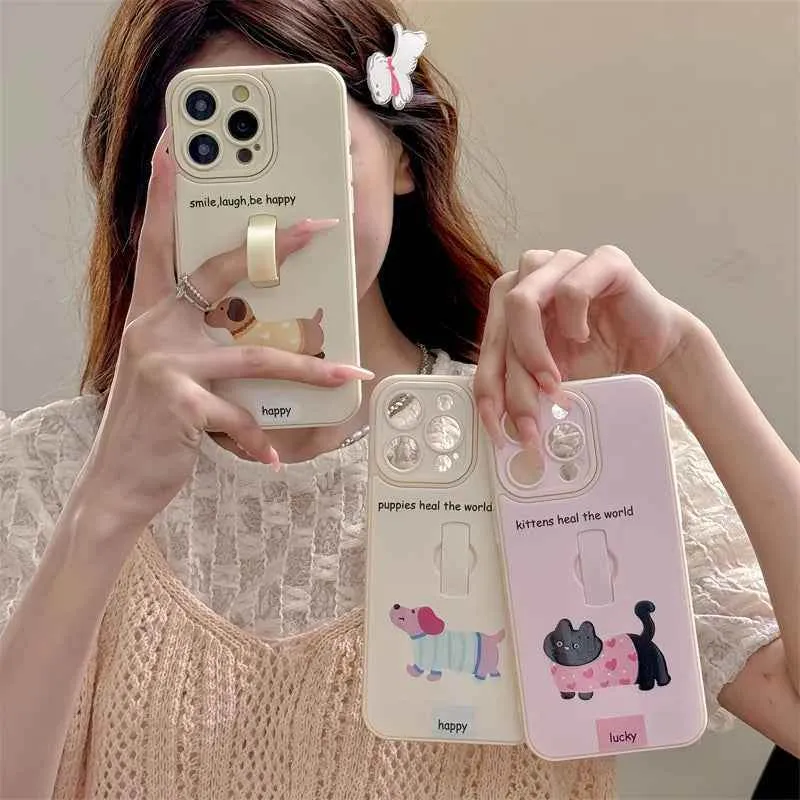 Cute Phone Cases for iPhone 15, 14, 13, 11, or 12 Pro Max - Cartoon Puppy Dog & Cat with Hidden Ring Holder - TSP221