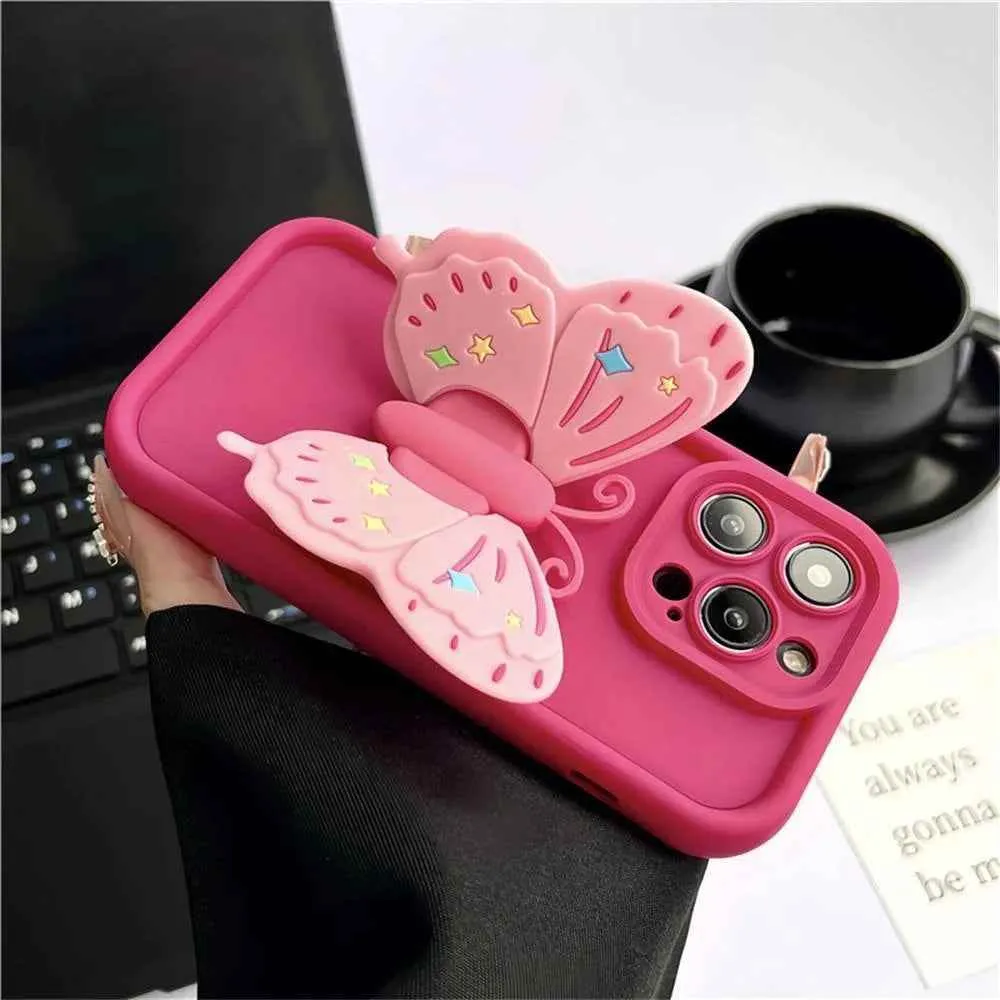 Cute Phone Cases for iPhone 15, 14 Pro Max, 13, 12, XR, XS, 7, and 8 Plus - 3D Butterfly Stand - TSP323