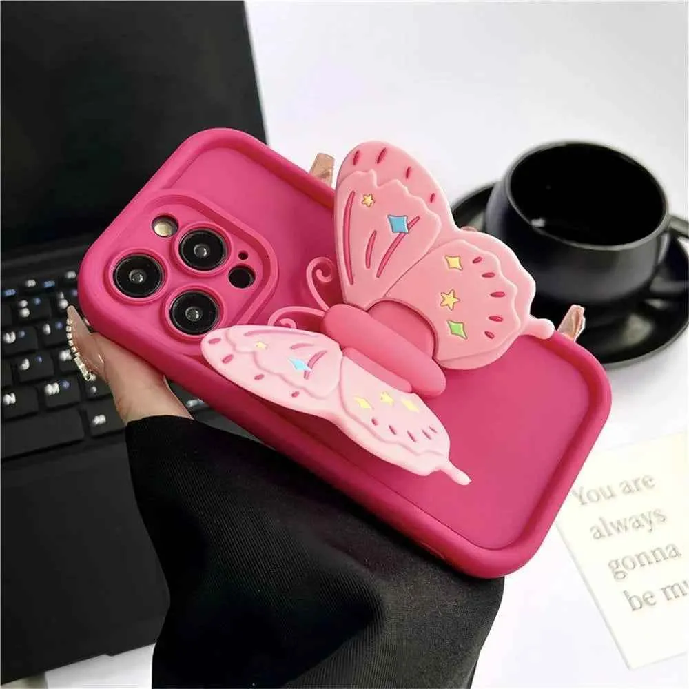 Cute Phone Cases for iPhone 15, 14 Pro Max, 13, 12, XR, XS, 7, and 8 Plus - 3D Butterfly Stand - TSP323