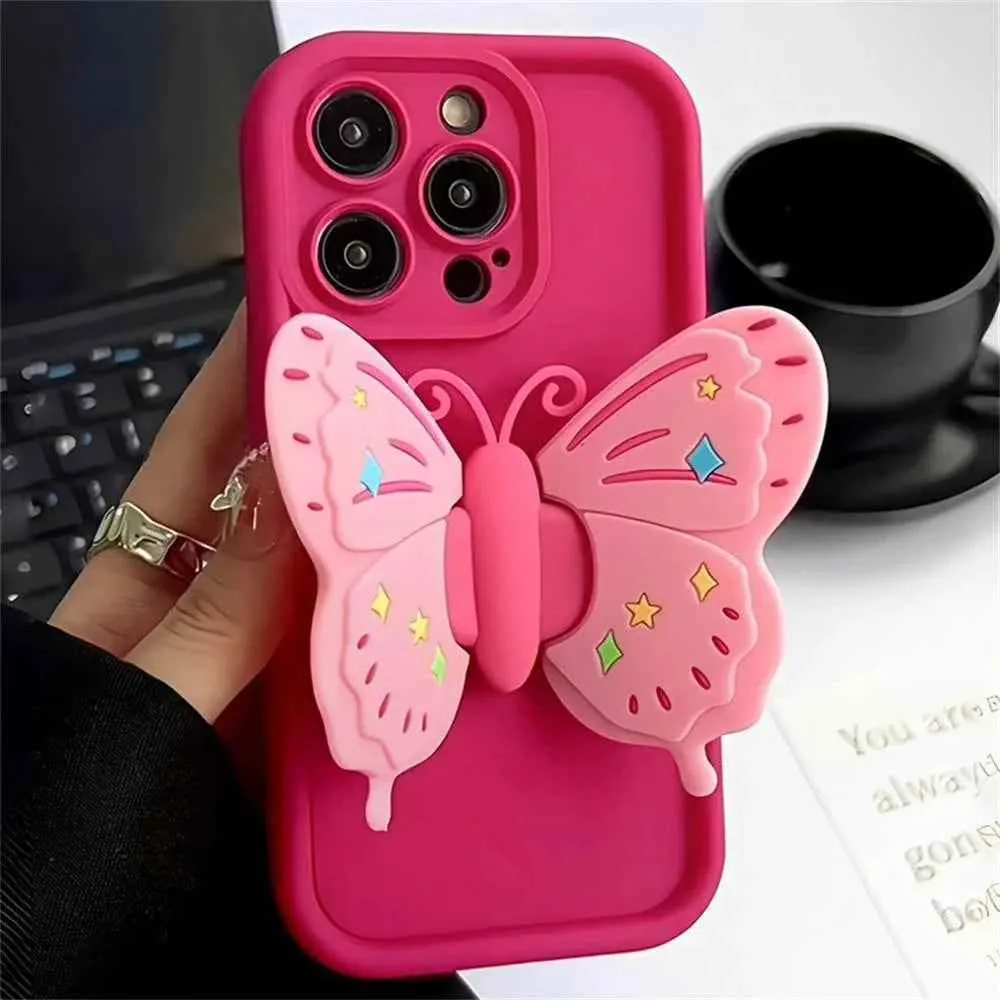 Cute Phone Cases for iPhone 15, 14 Pro Max, 13, 12, XR, XS, 7, and 8 Plus - 3D Butterfly Stand - TSP323