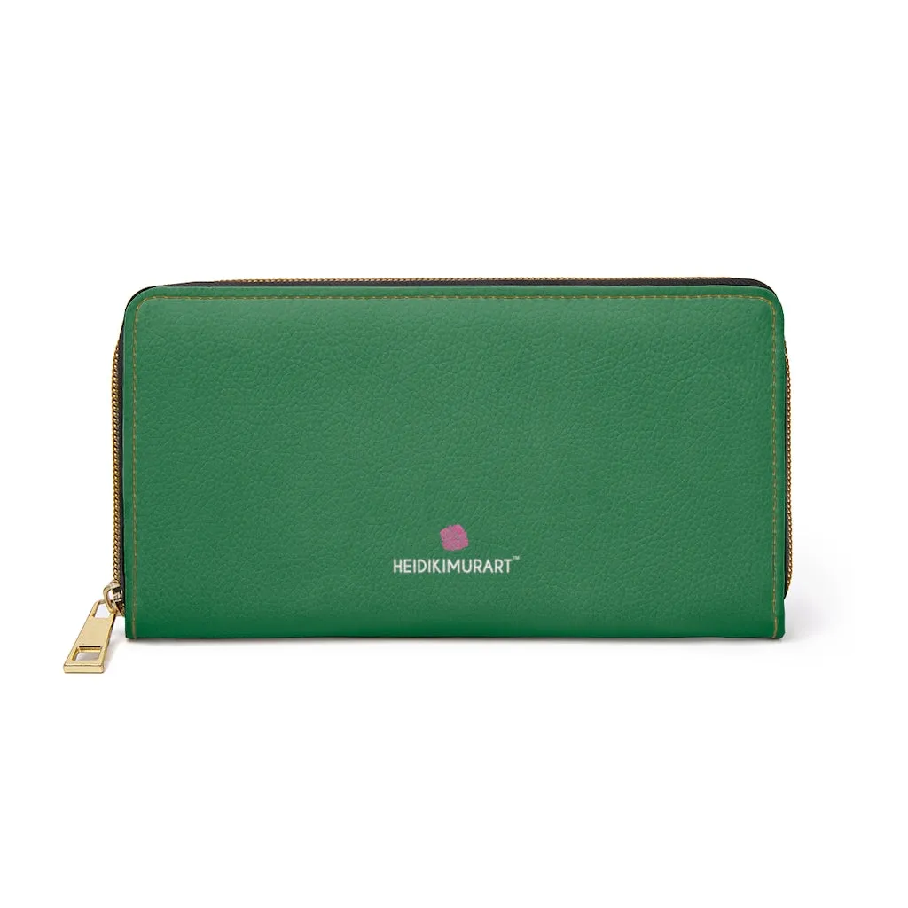 Dark Green Color Zipper Wallet, Solid Green Color Long Compact Designer Premium Quality Women's Wallet