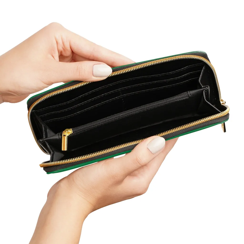 Dark Green Color Zipper Wallet, Solid Green Color Long Compact Designer Premium Quality Women's Wallet