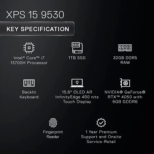 Dell Xps 9530,Intel Evo Platform Powered by Intel Core I7-Processor/32Gb Ddr5/1Tb Ssd/Nvidia RTX 4050 6Gb Gddr6/15.6" OLED Ar 400 Nits,Touch/Backlit Kb,15 Month Mcafee/Silver/1.86Kg-Windows 11 Home