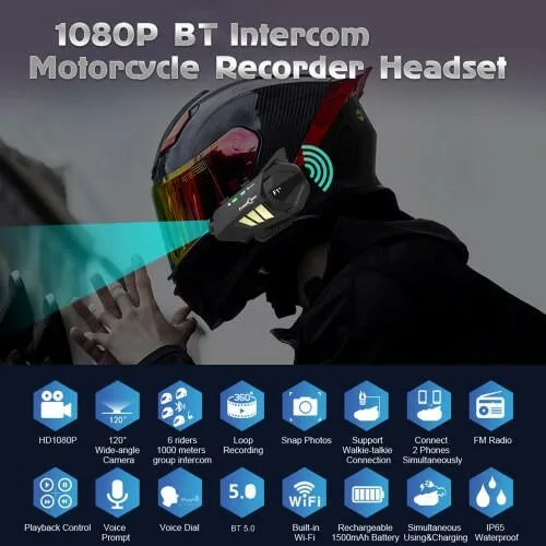 FreedConn F1 Plus Motorcycle Intercom Bluetooth Helmet Headset for Six Motorcycle Riders 1080P HD Lens Video Recorder DVR 1000M Hands-free Interphone FM Radio IP65 Waterproof